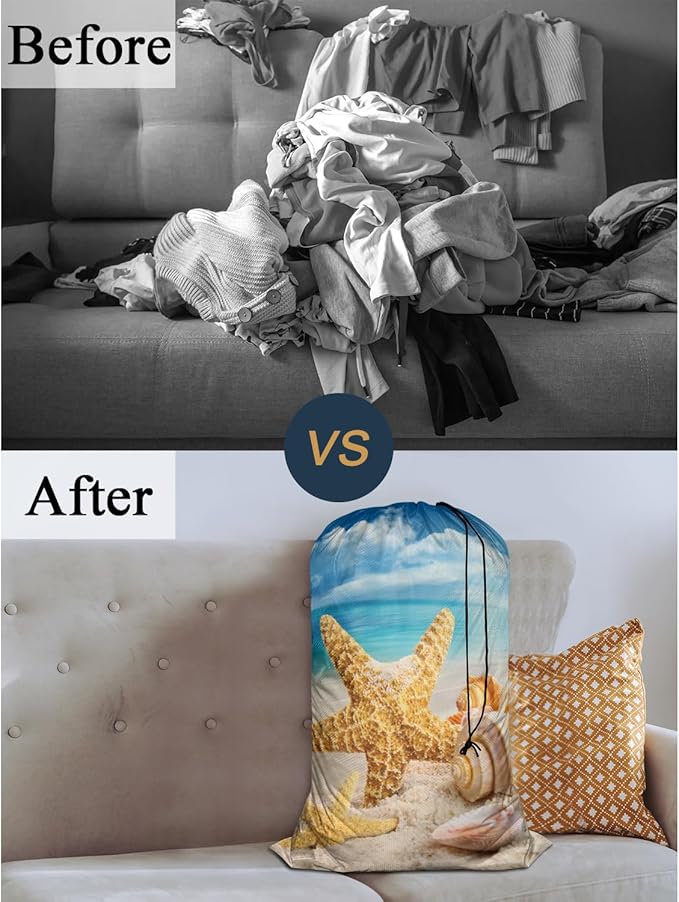 Swono Starfish Laundry Bags for Travel, College, Camping and Gym Seashells On The Beach Blue Sky Coast Shore 28" x 40", Polyester