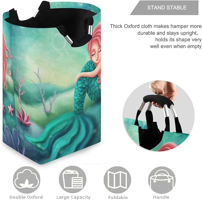 visesunny Mermaid Starfish Large Capacity Laundry Hamper Basket Water-Resistant Oxford Cloth Storage Baskets for Bedroom, Bathroom, Dorm, Kids Room