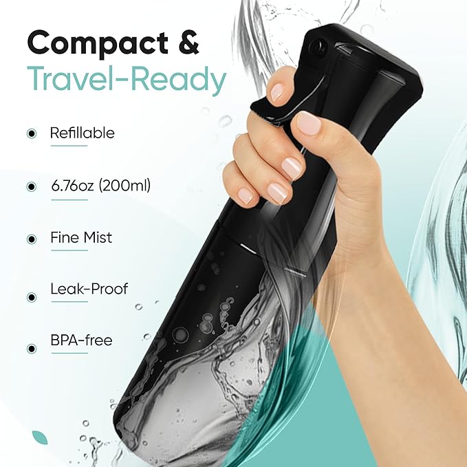 Aquableu Spray Bottle for Hair – Continuous Mist Spray Bottle for Hair Care, Styling, Cleaning, Plants, Pets & Essential Oils (Black, 6.76oz/200ml)