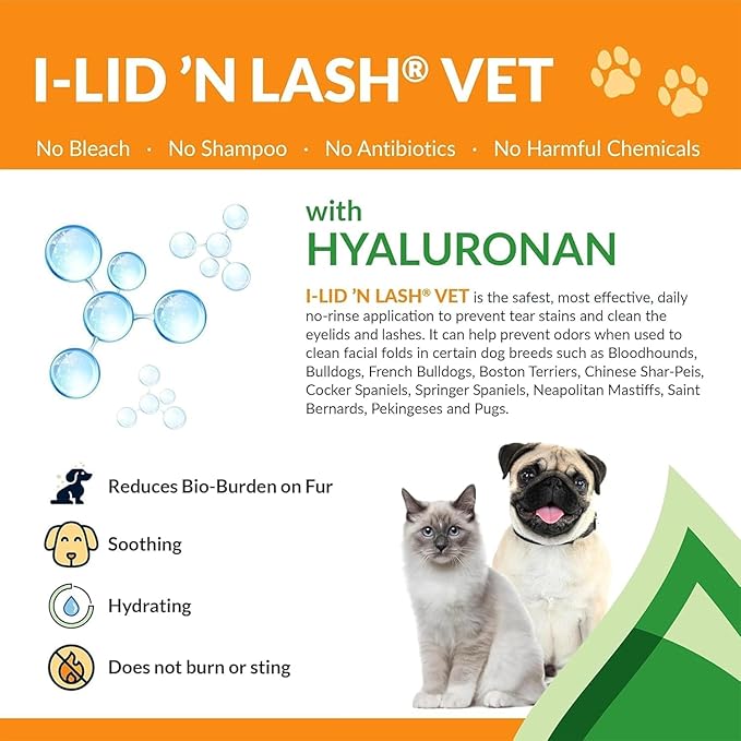 I-LID ’N LASH Vet Dog Eye Wipes - Best Tear Stain Preventer for Dogs (60 Wipes) | Prevents Puppy Tear Stains with Hyaluronan | Cat Eye Wipes for Discharge - No Antibiotics or Harmful Chemicals