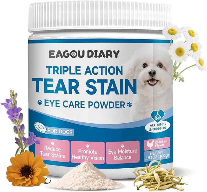 Dog Tear Stain Supplement - Tear Stain Remover for Dogs, Prevent & Eliminate Tear Stains, Eye Health & White Fur Care, Lutein,Chamomile, Vitamin, Probiotic, 100g, Chicken Flavor, Daily Supplement
