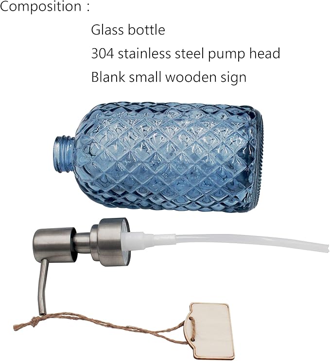 16 oz Diamond Pattern Glass Soap Dispenser, Kitchen and Bathroom Refillable Soap Dispenser with Rust Resistant Stainless Steel Pump for Hand Soap, Lotion Glass Liquid Dispenser (Blue)