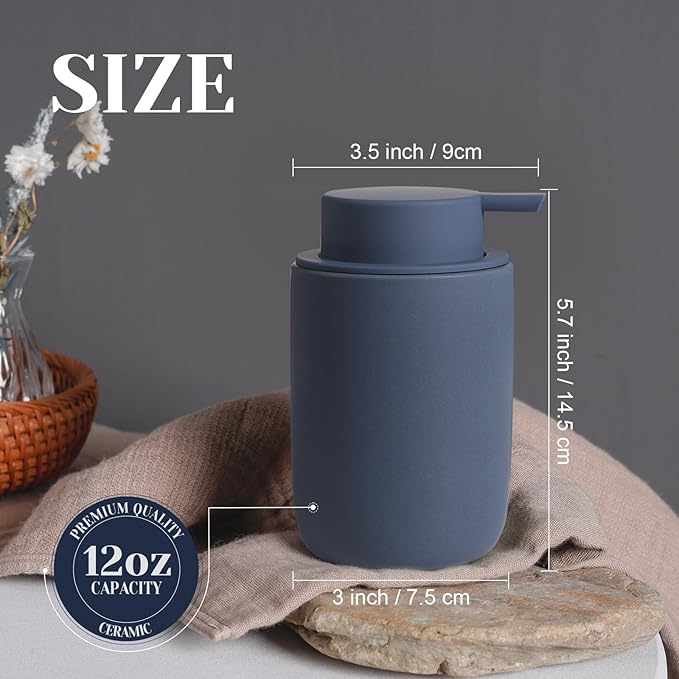 INGOFIN Ceramic Soap Dispenser Set, 2 Pack (12 oz) Bathroom Hand Soap Dispenser with Pump, Liquid Hand and Dish Dispenser Set with 8 Pcs Clear Stickers, for Kitchen -Matte Blue