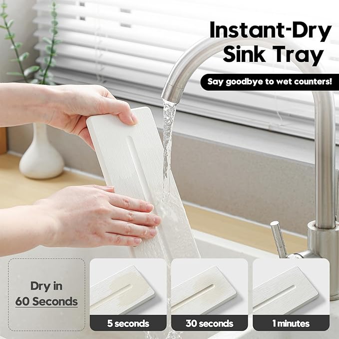 2 Pack Diatomite Stone Sink Tray, Water Absorbing Mat for Kitchen & Bathroom Counter, Quick Dry Soap Dish Makeup Vanity Caddy,Sponge Holder Organizer, White - 2pcs of 9"x 3.5"