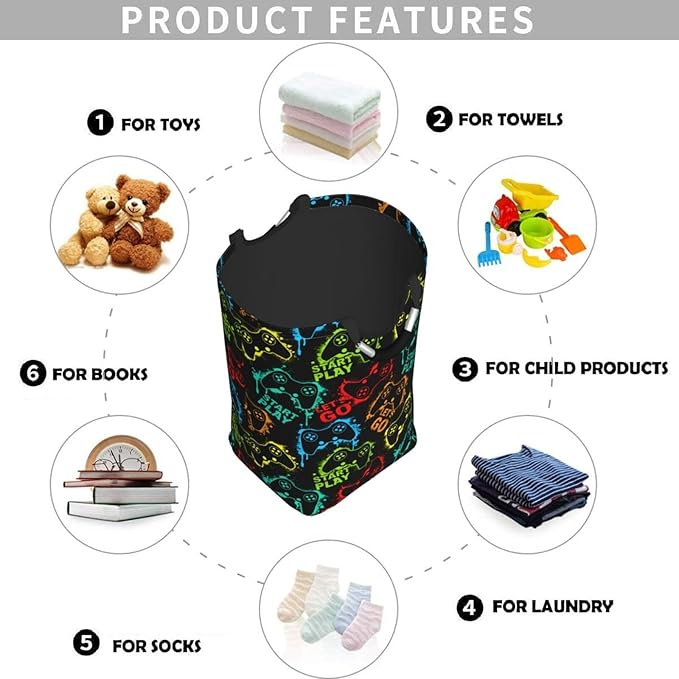 Game Theme Large Laundry Hamper Bag With Waterproof Liner - Gaming Joystick Silhouettes Laundry Basket Foldable Clothes Storage Organizer For Bathroom Bedroom Nursery Dorm