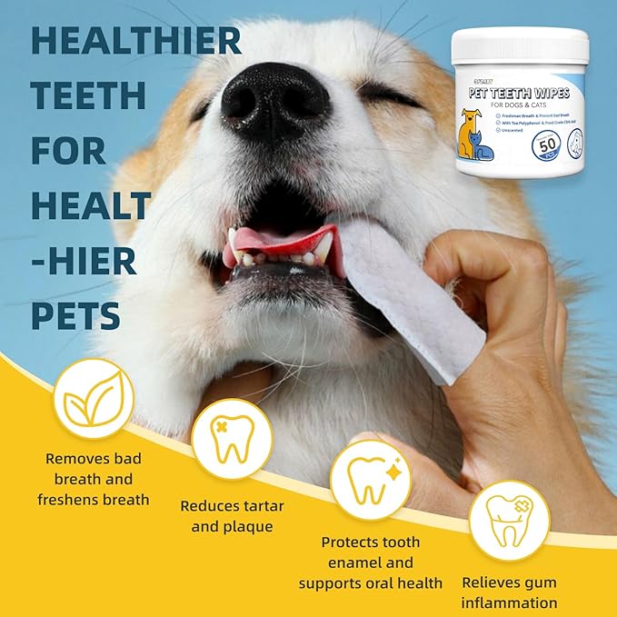 No-Rinse Dog Teeth Cleaning Wipes - Cat & Dog Fresh Breath Pet Dental Finger Wipes, Dog Toothbrush Dental Wipes to Easy Remove Plaque & Tartar, Gently Cleans Discharge (50 Count, Unscented)