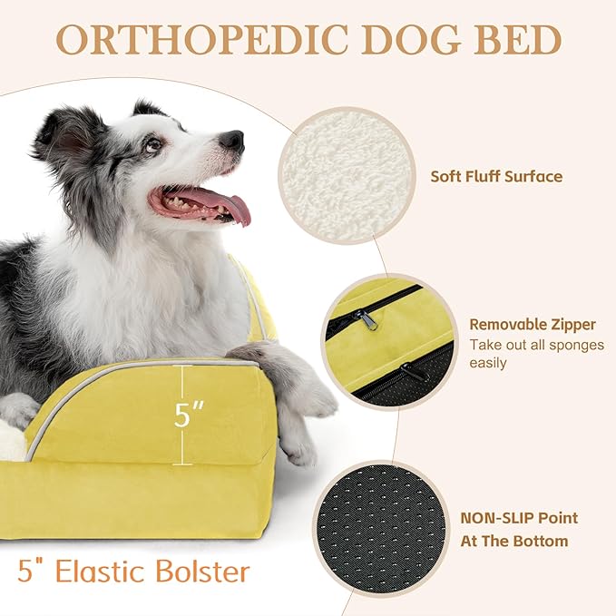 Comfort Expression Orthopedic Dog Bed for Large Dogs 36x27 Inch, Waterproof Egg Crate Foam Large Pet Bed with Removable Bolsters, Dog Couch with Washable Cover & Non-Slip Bottom, Spicy Mustard
