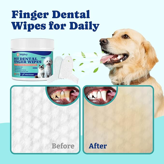 Dog Teeth Cleaning Wipes, Pet Finger Dental Wipes for Dogs & Cats, Dual-Sided, 6-in-1 Herbal Formula, Remove Plaque & Tartar, Freshen Breath, No-Rinse Toothbrushing Wipes - 50 PCS, Mint Flavor