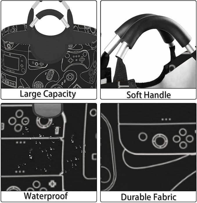 Video Game Controller Background Large Laundry Hamper Bag With Waterproof Liner - Gaming Gadgets Laundry Basket Foldable Clothes Storage Organizer For Bathroom Bedroom Nursery Dorm
