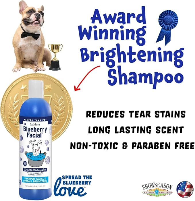 South Bark's Blueberry Facial® Pet Shampoo 12 oz. | Brightener & Tear Stain Remover, Long-Lasting Odor Eliminator, Cruelty-Free, Paraben-Free, Made in The USA, for Dogs and Cats