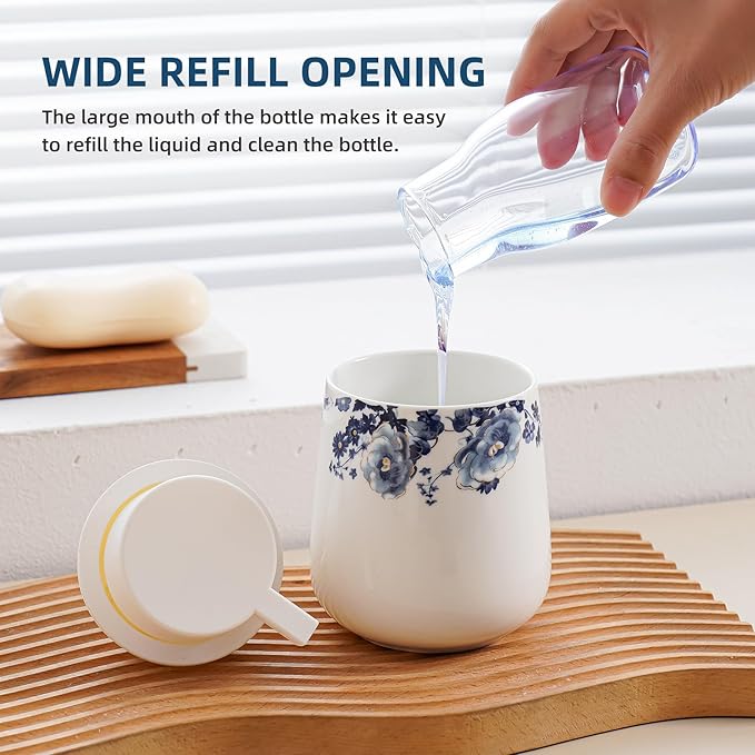 Soap Dispenser, Ceramic Foaming Soap Dispenser with Easy-to-Press Pump for Bathroom 10.8 oz refillable Liquid Hand soap Dispenser for Hand sanitizers, lotions (Blue Flower Foam Dispenser)