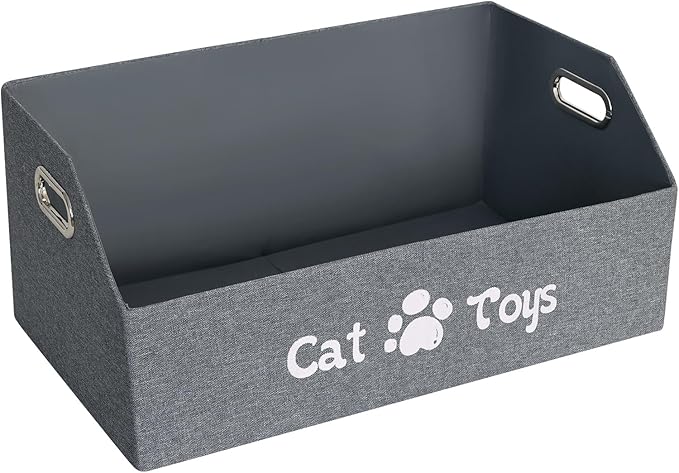 Cat Toy Basket, Kitten Toys Storage Organizer Foldable Fabric Bin Pet Supplies Chest Holder Trapezoid Container with Metal Handles for Organizing Cats Clothes Accessories, Deep Gray