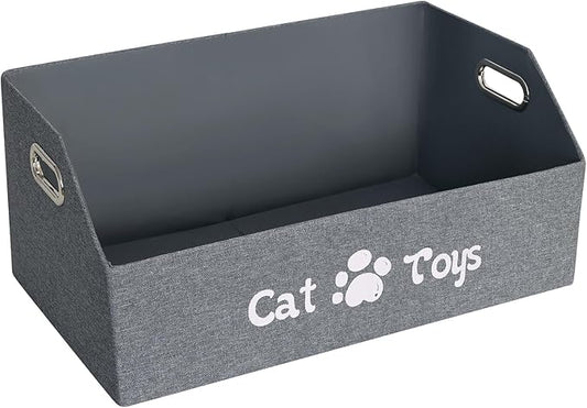 Cat Toy Basket, Kitten Toys Storage Organizer Foldable Fabric Bin Pet Supplies Chest Holder Trapezoid Container with Metal Handles for Organizing Cats Clothes Accessories, Deep Gray