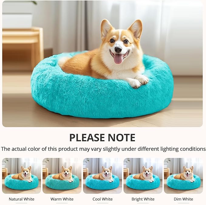 JOLLYVOGUE Small Dog & Cat Beds for Indoor Cats, Donut Cuddler Warming Soft Dog Beds with Anti-Slip Bottom, Round Calming Fluffy Plush Faux Fur Cushion Bed for Medium Dogs (31", Aqua Blue)