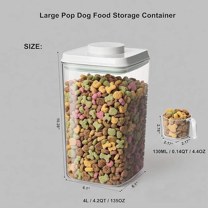 3-5 Lbs Dog-Cat Pop Treat - Airtight Jar - Pet Food Storage Container for Kibble & Treats, 4L/4.2qt with 130ml/0.14qt Half Scoop Stackable Pop Lid Plastic Container with Lid