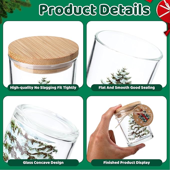 12 Pack Christmas Trees Clear Candle Jars for Making Candles 7 oz Empty Glass Jars with Wood Lids and Blessing Card Xmas Pine Candle Containers for DIY Gifts Home Tea Party Holiday Decor