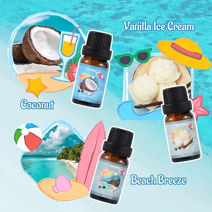 Summer Fragrance Oils Set, AVEOIRA Beach Essential Oil Set for Diffuser, Candle, Soap Making Scented Oils, Pina Colada, Strawberry Lemonade, Watermelon, Vanilla Ice Cream, Coconut, Ocean Breeze