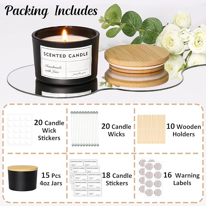 4oz Candle Jars 15 Pack, Small Black Glass Empty Candle Jars for Making Candles with Bamboo Lids and Wick Kit, Wide Mouth Candle Container Bulk, Ideal for Candle Business Owners