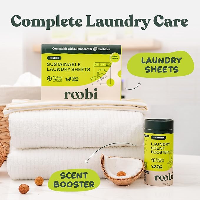 Roobi Sustainable Laundry Scent Booster Beads. Linen Breeze Fragrance Laundry Beads. Up to 20 Washing Cycles. Carbon Neutral, 100% Vegan.