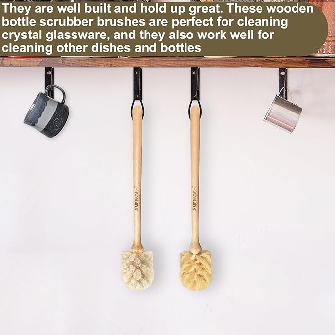 Bottle Brushes with Natural Bristles, 13-3/4 Inch Long Wood Handle Bottle Brush Cleans and Scrubs Wide Mouth Jars, Glasses, Vases, Mugs and Pitchers, Sisal + Horsehair Bristles 2 Pack