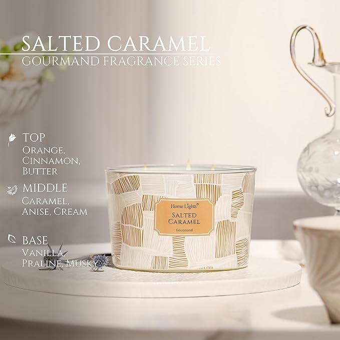HomeLights Soy Wax Candles for Home Scented, 4-Wick Candles in Salted Caramel Scented, Rustic Modern Aromatherapy Candles Gift for Parties, Relaxing, 18oz