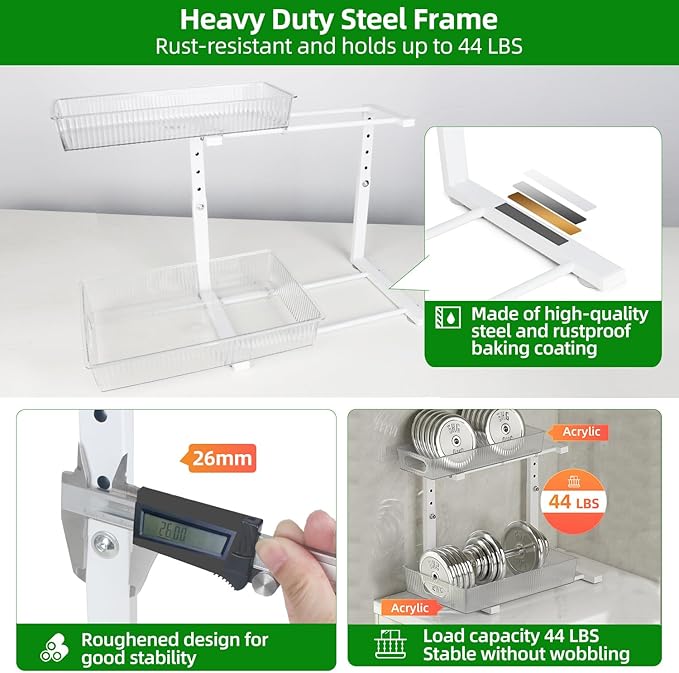 2 Pack Under Sink Organizer, Pull Out Cabinet Organizer 2 Tier Slide Out, Under Sink Organizers and Storage Height Adjustable for Kitchen Bathroom Cabinet, Metal