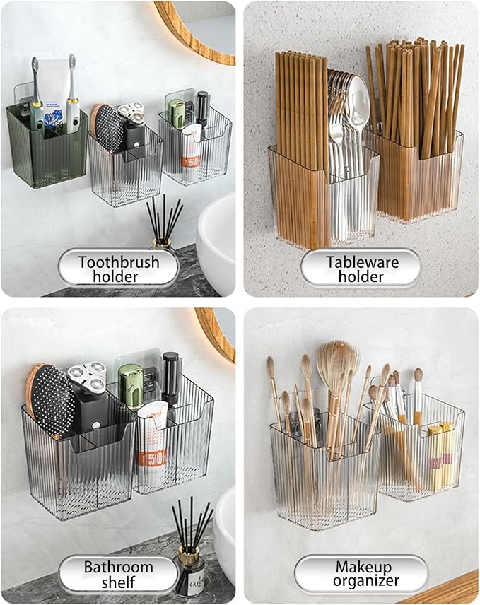 Set Of 2 Storage Organizer Bins Wall Mounted Shower Caddy, Bathroom shelves Stackable Clear Plastic Toothbrush Holder Adhesive Hanging Bin for Bathroom, Kitchen, Cabinet, Shower BPA Free Small (Green)