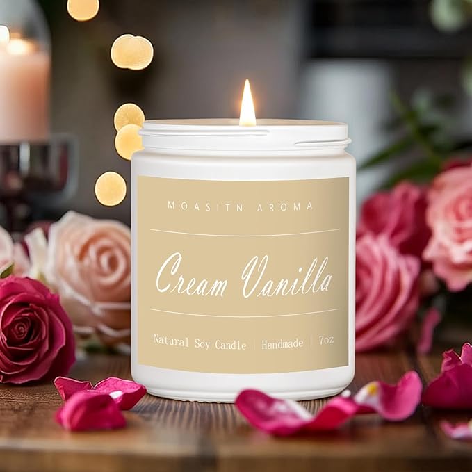 MOASITN Cream Vanilla Highly Scented Candles for Home| Natural Soy Aromatherapy Candle| Handmade Long Lasting Jar Candle| Candel Gift for Women,Men as Summer,Birthday,Housewarming,Relaxing Gifts| 7oz