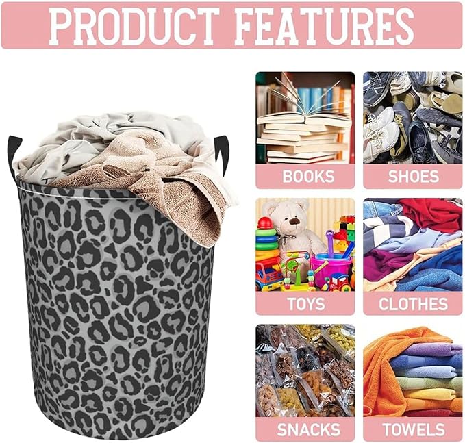 Leopard Cheetah Print Laundry Hamper Bag With Waterproof Liner - Round Laundry Basket Foldable Clothes Storage Organizer For Bathroom Bedroom Nursery Dorm, S-16.5"X 13.8"