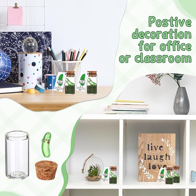 100 Sets Emotional Gift Pickle Support Inspirational Mini Luminous Pickle Affirmations Cards with Glass Bottle Desk Pet Gift for Vet Tech Student Classroom Party Favors
