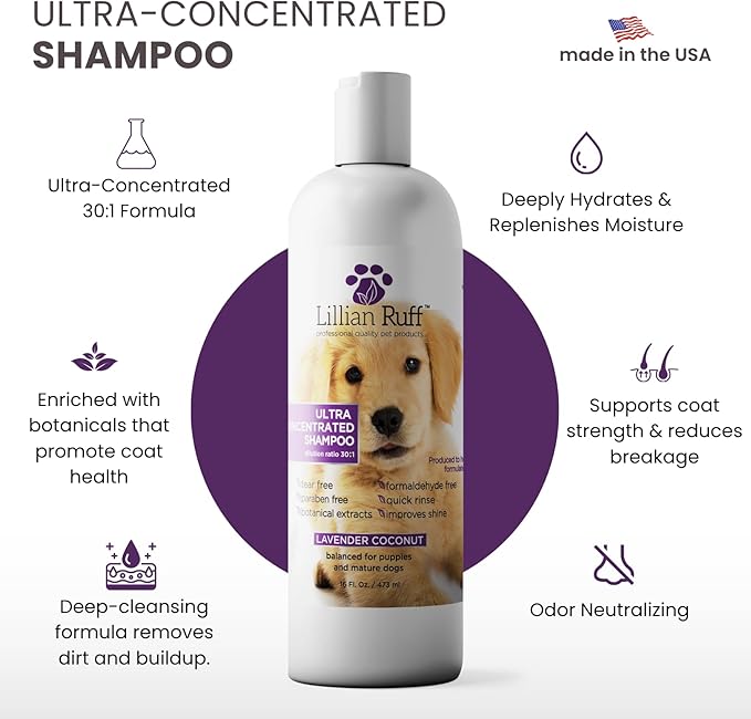 Lillian Ruff PRO Formula Ultra Concentrated Dog Shampoo – Makes 4 Gallons/30 Bottles, 30:1 Dilution, Professional Pet Shampoo for Sensitive Skin | Deodorizing & pH-Balanced Made in USA 16.9oz