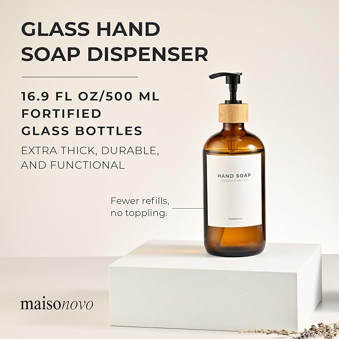 MaisoNovo Glass Hand Soap Dispenser | Dish Soap Dispenser for Kitchen | 16.9oz Amber Bottles with Black Bamboo Pump | Bathroom Lotion Dispenser