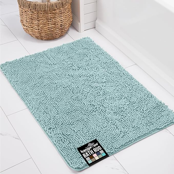 KANGAROO Bathroom Rugs, Chenille Soft Absorbent Bath Rug, Shaggy Shower Mat, Quick Dry Machine Wash Bathmat, Plush Carpet Mats for Tub, Bathtub and Room Home Decor Accessories, 30x20, Seafoam