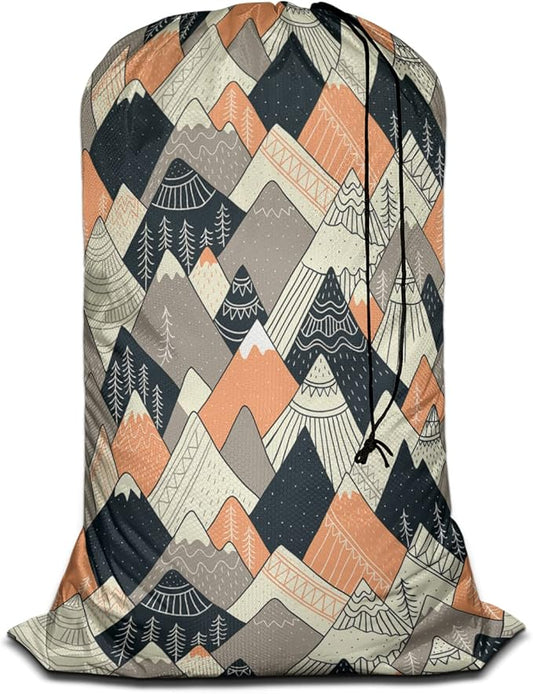Swono Mountains Large Travel Laundry Bag - Washable Wet/Dry Bag for Dirty Clothes - Scandinavian Style Landscape Tree Boho Art - 28x40 Inch