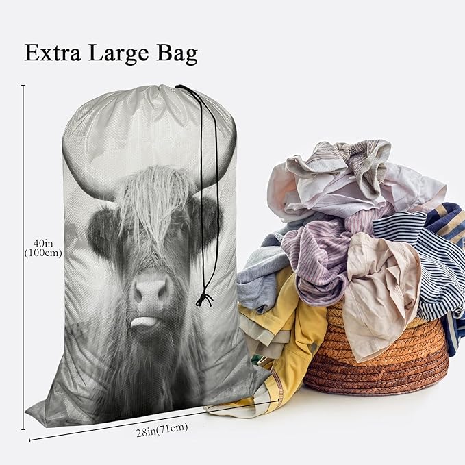 Swono Scottish Highland Cow Extra Large Travel Laundry Bag, Rip-Stop Dirty Clothes Shoulder Bag with Drawstring, Funny Animal Farm Mammal Wildlife Heavy Duty Travel Laundry Bag, 28x40 Inch