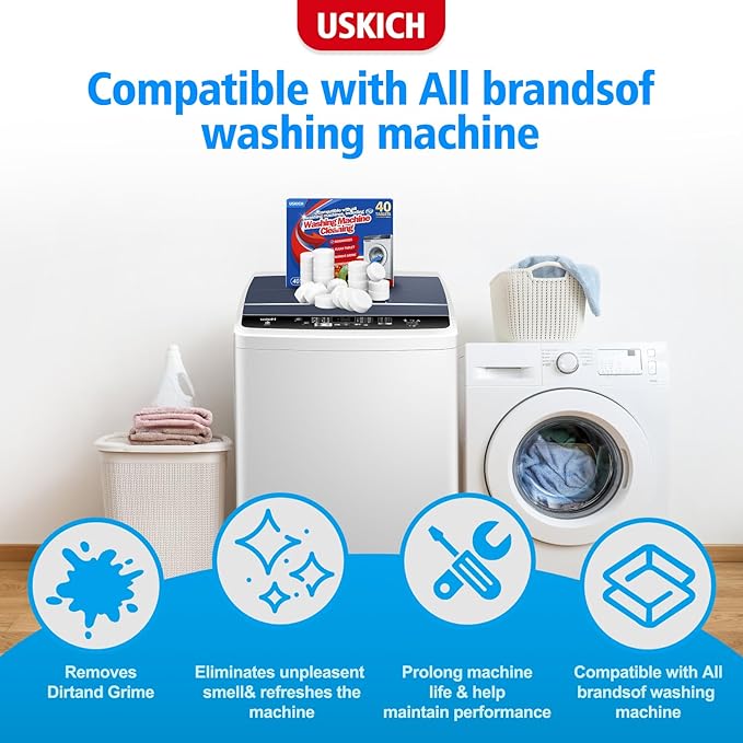 USKICH Washing Machine Cleaner Descaler 40 Pack-Deep Cleaning Tablets For HE Front Loader & Top Load Washer,Washer Machine Cleaning Tablets Clean Inside Drum and Laundry Tub Seal,Septic Safe