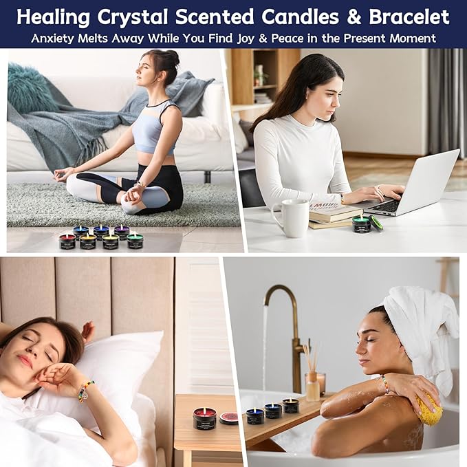 7 Chakra Crystal Candles with Healing Stones & Bracelets - Scented Meditation Candles for Stress Relief, Spiritual Decor, Yoga & Cleansing