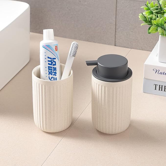 Beige Ceramic Soap Dispenser Set - Modern Refillable Hand Soap Dispenser With Pump for Bathroom, Kitchen, Farmhouse Decor - 2 Pack
