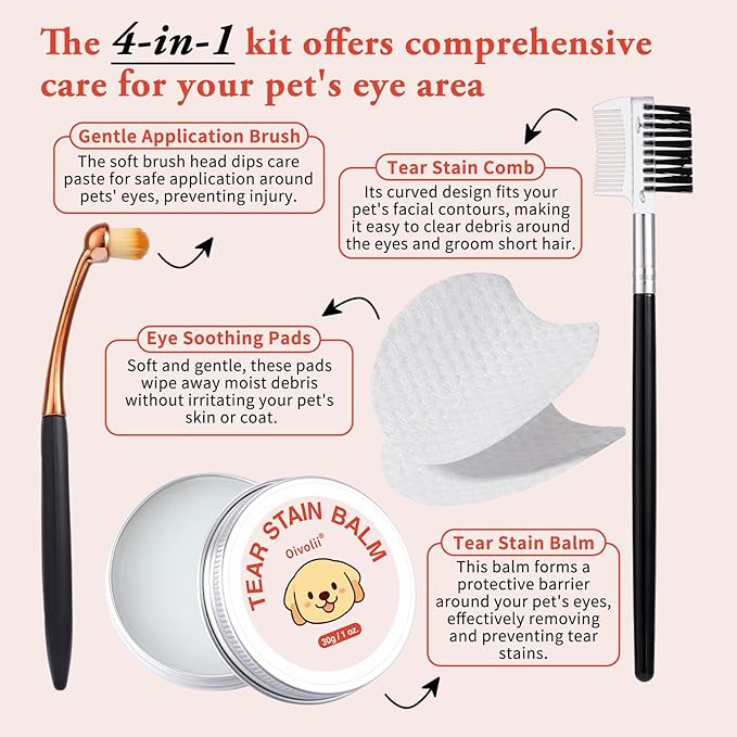 Tear Stain Remover Kit for Dogs & Cats with Tear Stain Comb, Tear Stain Balm, Eye Cotton Pads, Pro Powder Brush Gently Remove Tear Stain, Eye Debris, Discharge, Mucus Secretions