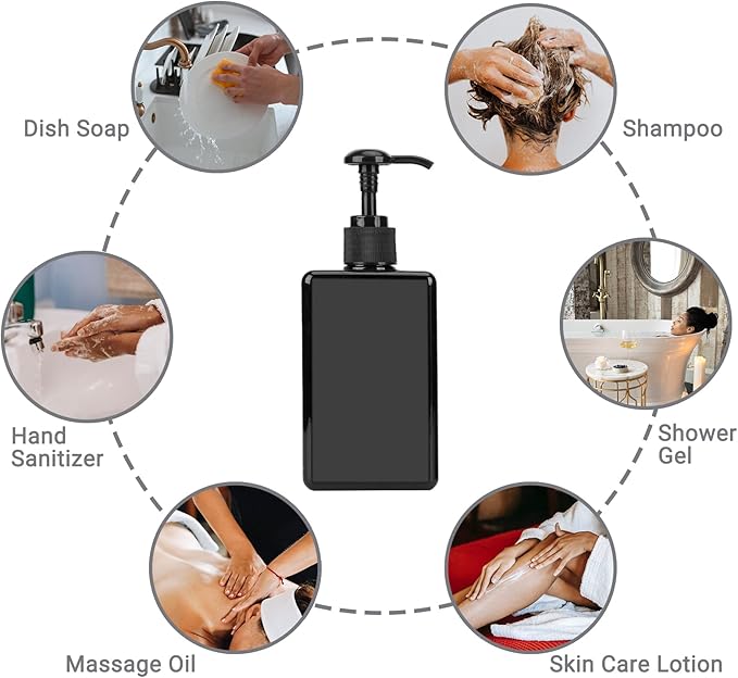 Suream Empty Shampoo Bottles with Pump, 3Pack 9.5oz/280ml Refillable Body Wash Dispensers for Shower, Black Plastic Countertop Soap Bottle for Bathroom, Kitchen Sink, Hotle, Salon