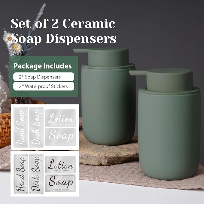 INGOFIN Ceramic Lotion Soap Dispenser Set, 2 Pack (12 oz) Bathroom Hand Soap Dispenser with Pump, Liquid Hand and Dish Soap Dispenser Set, 8 Pcs Clear Stickers, for Kitchen Bathroom-Matte Green