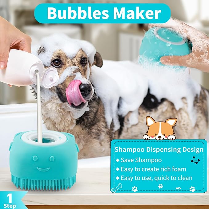 Comotech 6PCS Dog Bath Brush & Dog Toothbrush | Adjustable Handle Shampoo Brush & Scrubber for Short & Long Haired Dogs & Cats | Effectively Solve Odor & Stain Removal Problems (Blue Green Gray)