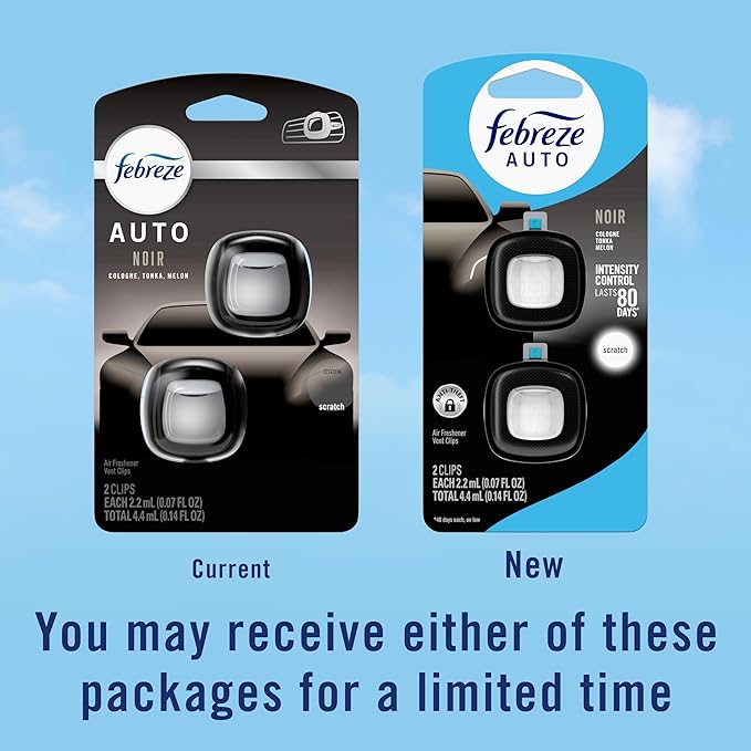 Febreze AUTO Air Freshener, Odor-Fighting Automotive Vent Clip, Noir Scent, 8 Count