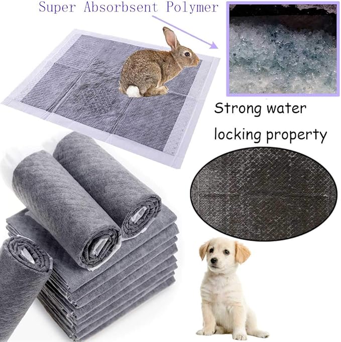 kathson Rabbit Pee Pads Disposable Cage Liners 50PCS All Absorb Black Carbon Odor Control Bunny Training Accessories with Quick-Dry Surface for Puppy Guinea Pig Kitten Hedgehog Small Animals