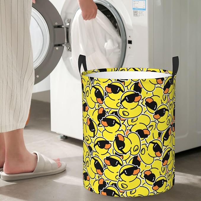 Cute Rubber Ducks With Funny Sunglasses Laundry Hamper Bag With Waterproof Liner - Round Laundry Basket Foldable Clothes Storage Organizer For Bathroom Bedroom Nursery Dorm, M-19.6"X 15.7"