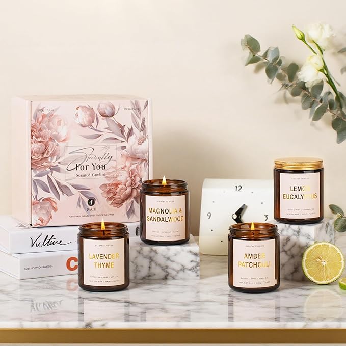 4 Pack Candles for Home Scented, 28oz Soy Candles Non Toxic, 240 Hour Long Lasting Scented Candle, Aromatherapy Candle with Lavender,Magnolia,Amber,Lemon - Candle Set Gifts for Women & Christmas