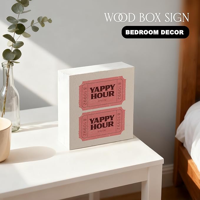 Yappy Hour Dog Party Bar Wooden Box Sign, Dog Lover Gifts, Retro Pink Ticket Pet Wood Signs for Bar Pub Cafe Restaurant Party Desk Table Shelf Decorations, 5x5 Inch