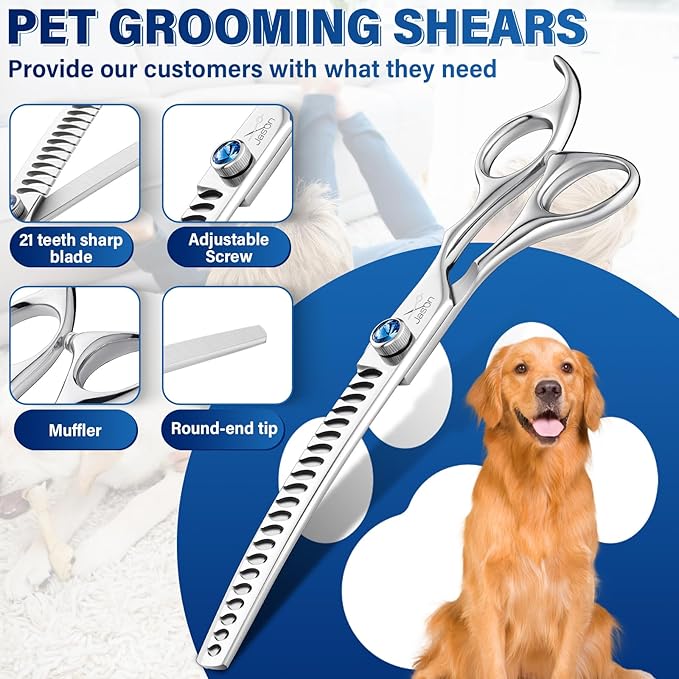 JASON 7" Curved Chunker Dog Scissors - Ergonomic Dog Grooming Scissors Silver Curved Dog Shears 440C Stainless Steel Grooming Shears Professional Pet Shears For Groomer (21-Teeth)