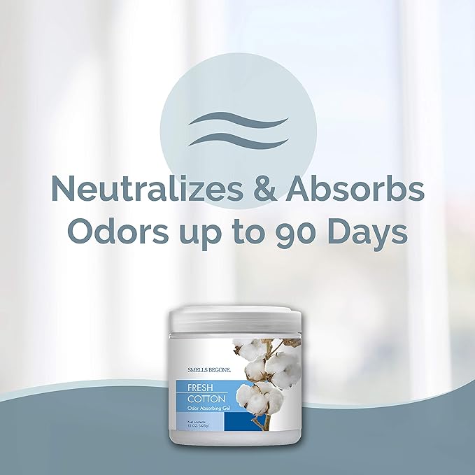 SMELLS BEGONE 15 oz Air Freshener Odor Absorber Gel - Absorbs Odor from Bathrooms, Cars, Pet Areas, Boats and RVs - Made with Essential Oils - Fresh Cotton Scent