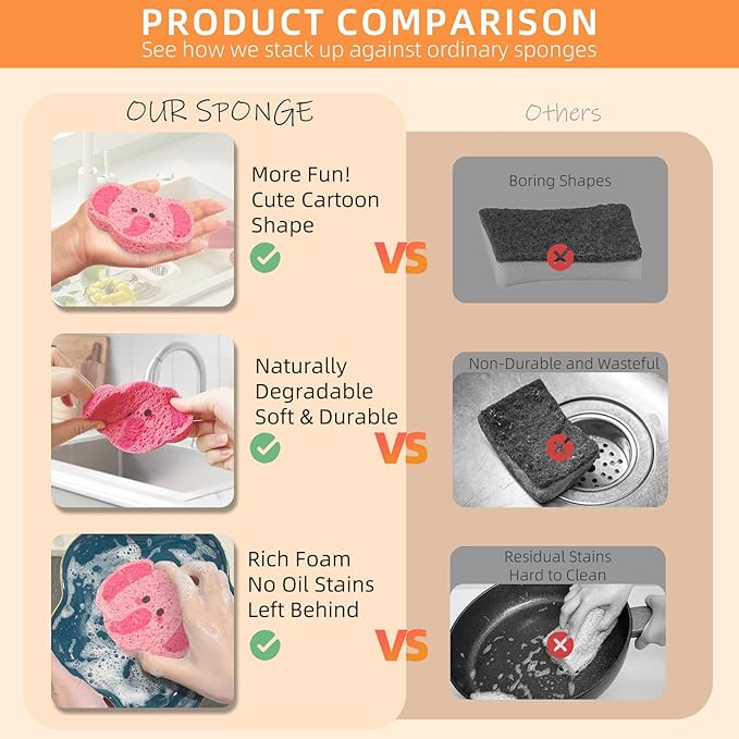 3 Pcs Cute Compressed Wood Pulp Cotton Sponges,Elephant Animal-Shaped Reusable and Highly Absorbent for Dishwashing, Kitchen Surfaces, and Bathroom Cleaning